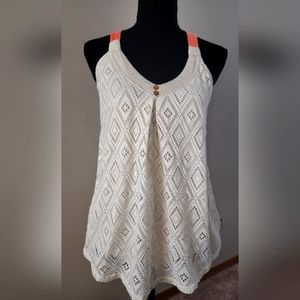 Exhilaration cream crochet tank with coral racer back small